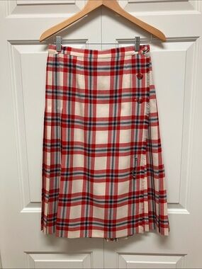 Vintage Surrey Classics plaid tartan kilt wrap skirt, red & blue on off white